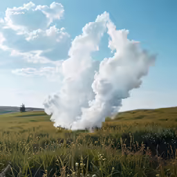 a steam powered generator blowing in a grassy field
