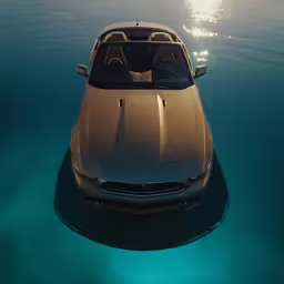 a gold bmw sports car driving through the ocean