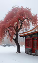 a very pretty red tree by a store