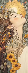 a woman that is laying down and with yellow flowers on her head