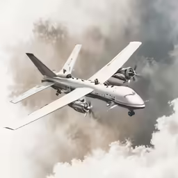 a white plane flying through a cloudy sky
