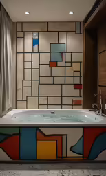 a nice white bath tub in the corner with stained glass on the windows