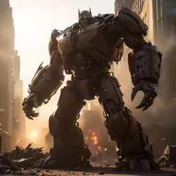 the giant robot standing in a city next to a building
