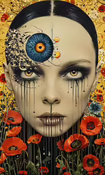 an altered photo of a woman with an eyeball in the background