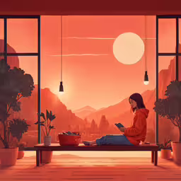 a woman sits on a bench near some plants,a girl sitting on a bench with a laptop near a sunset