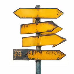 a number of yellow street signs showing different directions