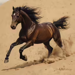 a brown horse is galloping along a sandy area