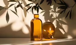 a bottle and glass bulb next to some leaves