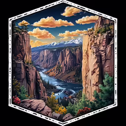 painting of a scenic mountain valley in an octagon frame