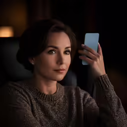 the beautiful woman is holding up her cellphone