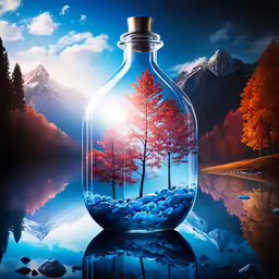 a glass bottle that has water and trees inside it