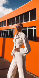 a woman in white and orange stands near an orange building