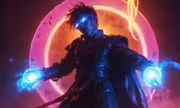 a male in a leather outfit holding two light blue orbs,a person is standing holding lights in their hands
