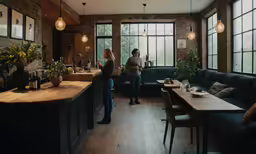 a couple of people are standing in a kitchen