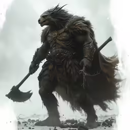 a demonic looking creature holding a large hammer