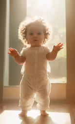 a child standing with one hand out on the ground
