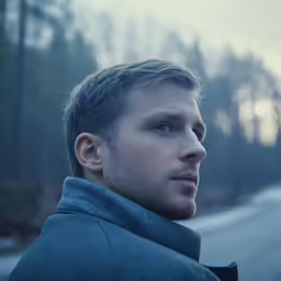 man in blue coat looking off into the distance