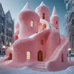 a very unusual building in the snow by the street