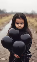 a little girl holding a bunch of black balloons in her hands