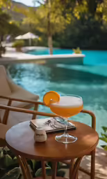 a glass of wine next to an empty book on a table near a pool