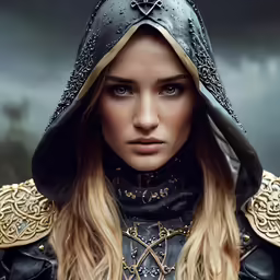 a woman wearing a helmet and armor in front of a cloudy sky