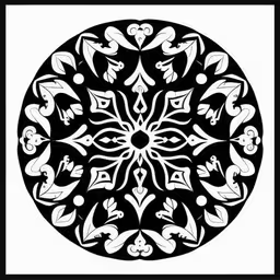 a circular patterned design with black and white,the shape of a circular design on a black background,a circle shaped in black and white, with decorative designs,an intricate circular, white design in black,an artistic design with abstract lines and shapes