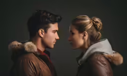 two people facing each other, one looking at the other
