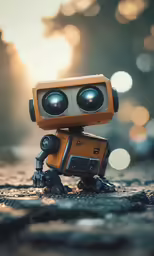 the tiny robot is walking across the road