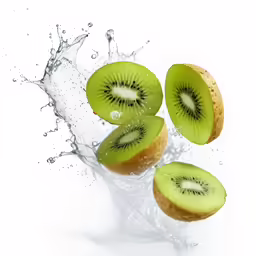 kiwi slices are falling into water with splash