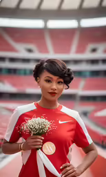 a woman in a red and white uniform holding a bouquet of flowers