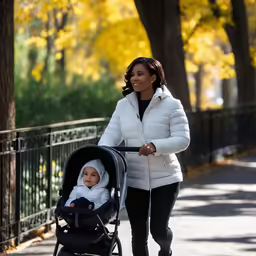 a woman and a baby in strollers are walking down the street