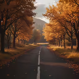 an empty road with some trees and leaves