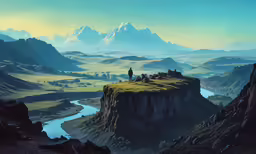 two people standing on a hill near water with mountains in the background