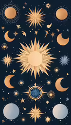 an illustrated painting depicting the sun, planets and stars