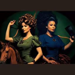 an old fashion ad featuring two women and a horse