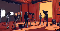 a room filled with red curtains, with people and cameras set up around it,people are recording and videoboarding in an empty studio