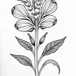 a pencil drawing of a flower on a paper,a black and white drawing of a flower with large leaves,a pen drawing of a plant with leaves,a pencil drawing of a flower that has long stems,a drawing of flowers on a white paper