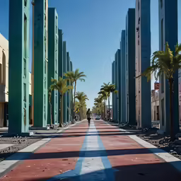 a person walking down an alley way with palm trees