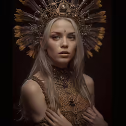 the model is wearing a gold outfit with ornate decorations