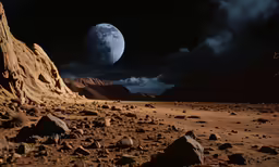 a desert with rocks and mountains under a cloudy sky