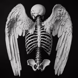 a skeleton is sitting down with wings on top of it