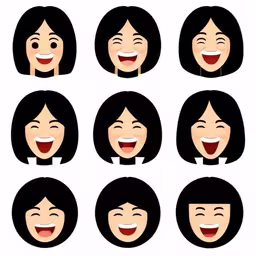 smiling woman with various expressions and gestures on the face,an illustration of different expressions on a woman