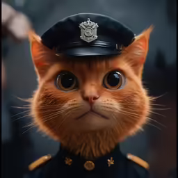 this cute cat has a military cap on its head