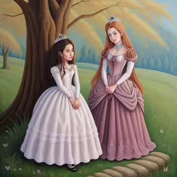 there are two girls standing near a tree,two girls dressed as princesses stand next to a tree