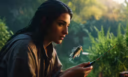 a beautiful woman holding a fish near grass,a woman in a garden looking at a cell phone
