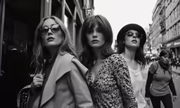three woman standing next to each other on a city street