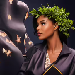a beautiful woman wearing a wreath around her head