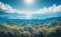 there is a mountain view and the sun shining