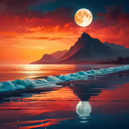the full moon is setting over the water and it looks like it is on a mountain