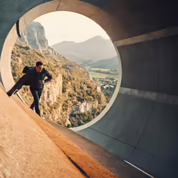 a man in grey shirt and black pants with suitcase on his feet inside a tunnel